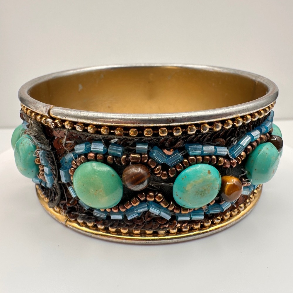 Vintage 90s Mixed Media Bangle Bracelet Turquoise Tiger Eye Glass Beaded Boho - Picture 3 of 12
